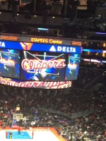 View of the jumbotron at a Clippers game from a suite